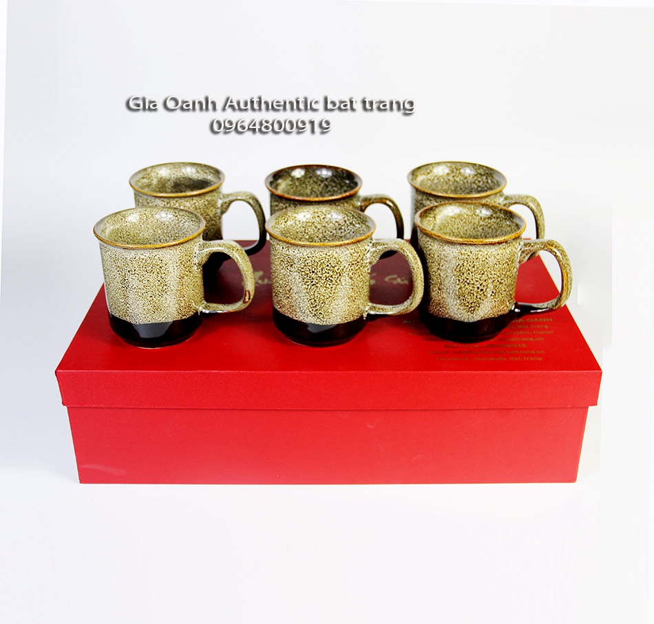 Bộ quà tặng cao cấp - bộ 6 cốc sứ gấm vàng men hỏa biến - sản xuất tại xưởng gốm sứ gia oanh authentic bat trang