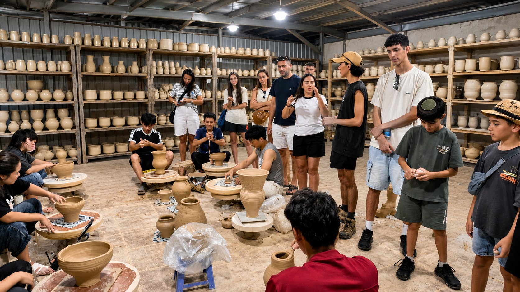 International travellers visiting a working ceramic workshop on a Bat Trang pottery village tour