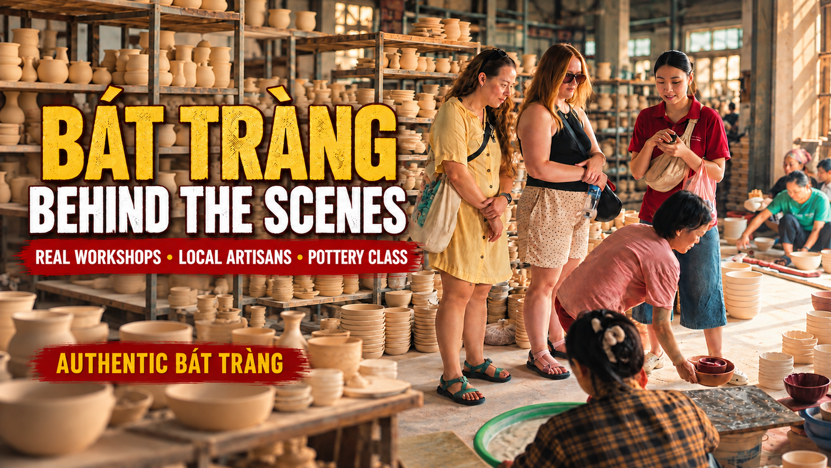 Guests visiting a real artisan workshop on a Bát Tràng pottery village tour from Hanoi