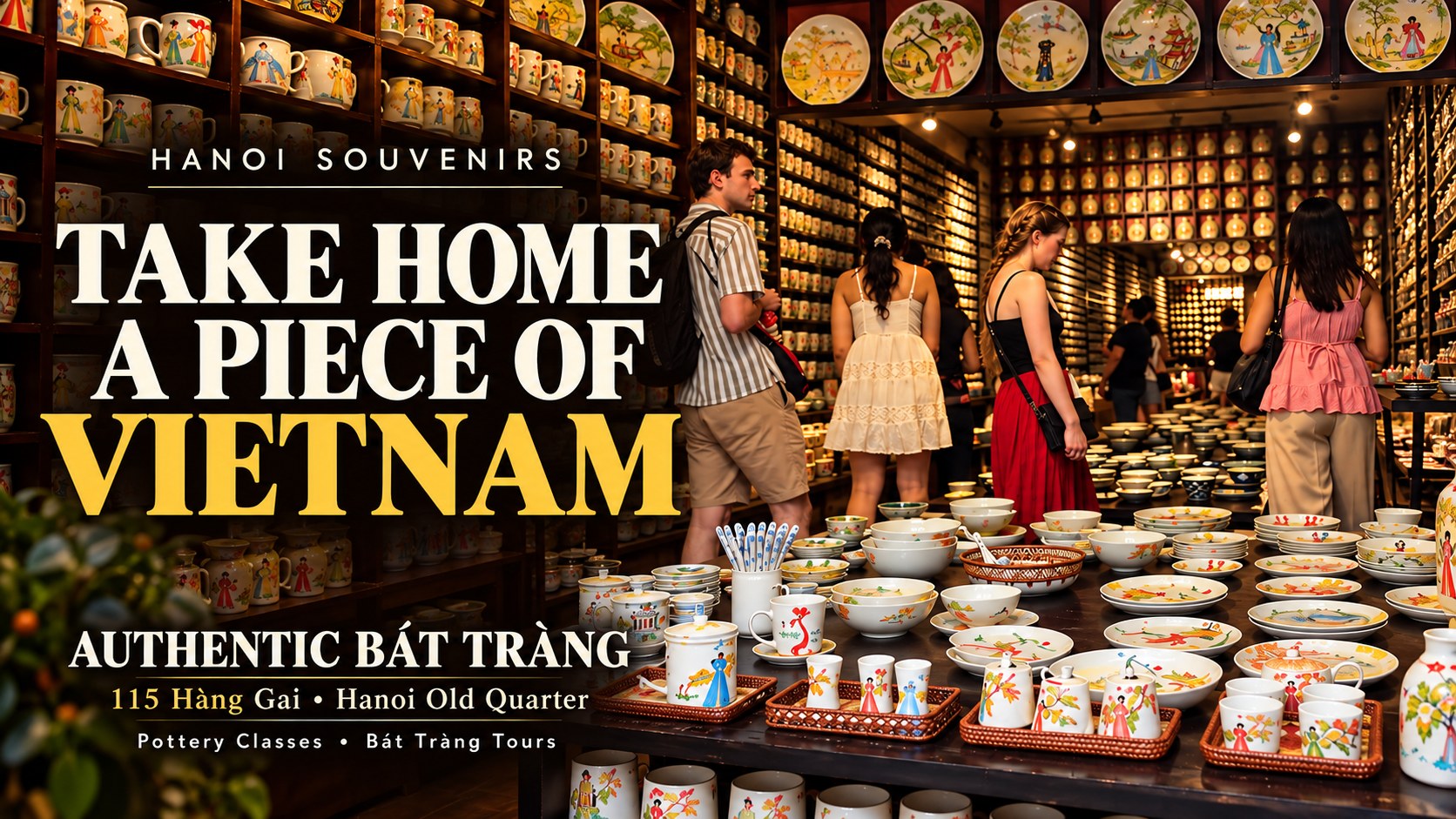 Hand-painted ceramic mugs, bowls and plates at Authentic Bát Tràng in Hanoi Old Quarter