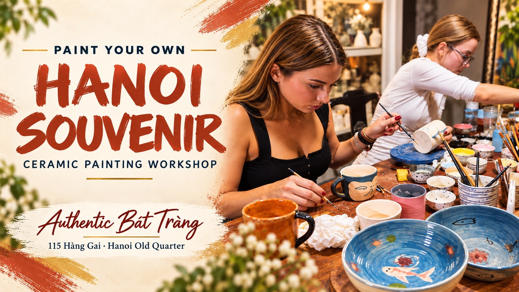 Ceramic painting workshop featuring hand-painted bowls at Authentic Bát Tràng in Hanoi