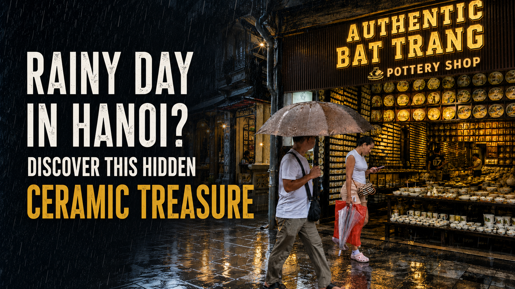 Tourists visiting Authentic Bát Tràng pottery shop on a rainy day in Hanoi Old Quarter