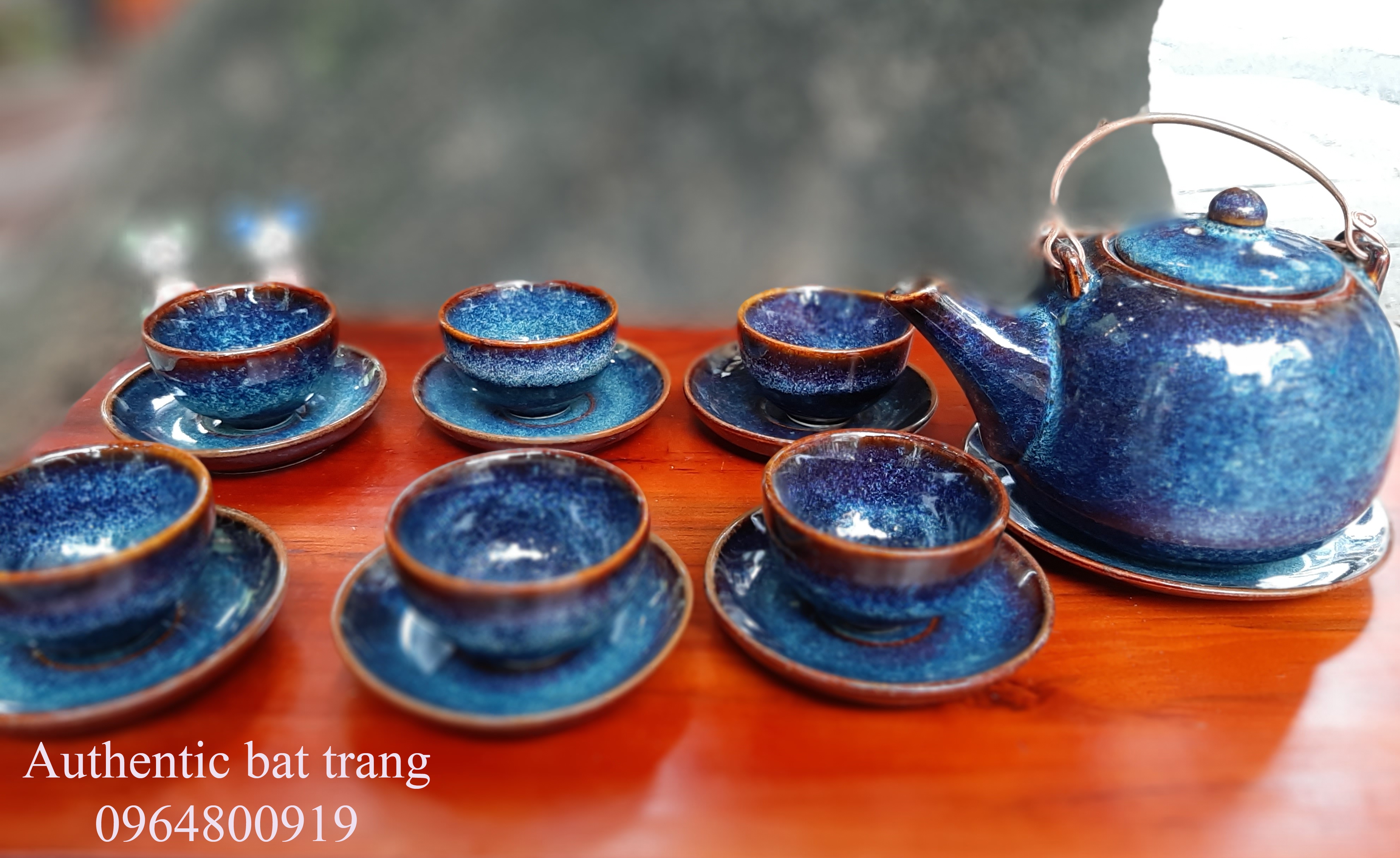 Blue tea set - make by Gia Oanh Authentic bat trang ceramics/ bộ ấm trà men xanh hỏa biến