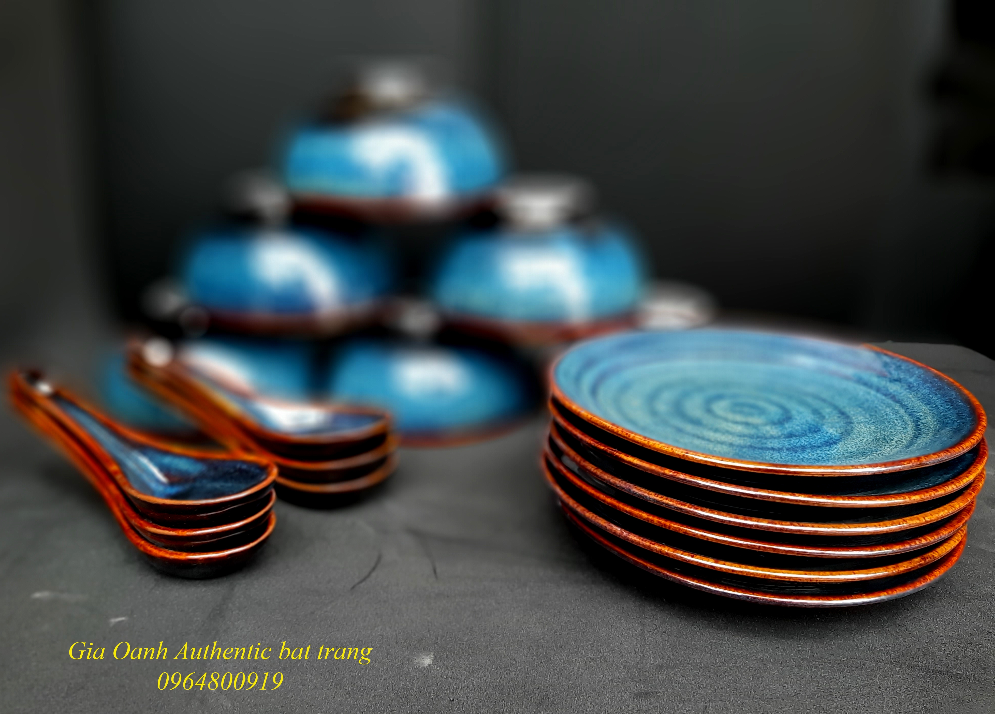 Blue dinner set 1 / Bộ đồ ăn men xanh hỏa biến ( bát, đĩa và thìa) xưởng Gia Oanh Authentic bat trang