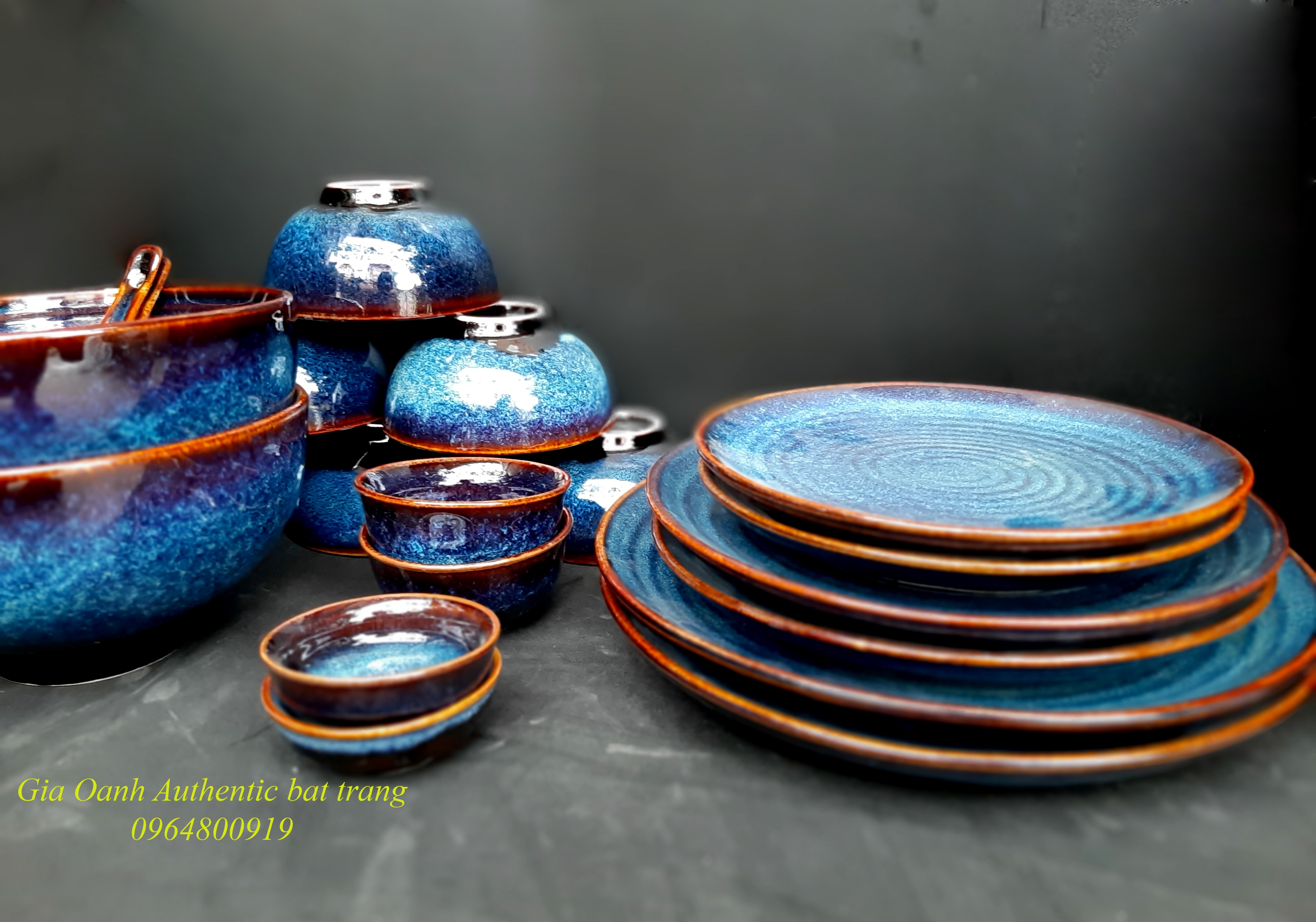 Blue Dinner set / Bộ đồ ăn men xanh hỏa biến đẳng cấp sản xuất tại xường gốm Gia Oanh Authentic Bat trang