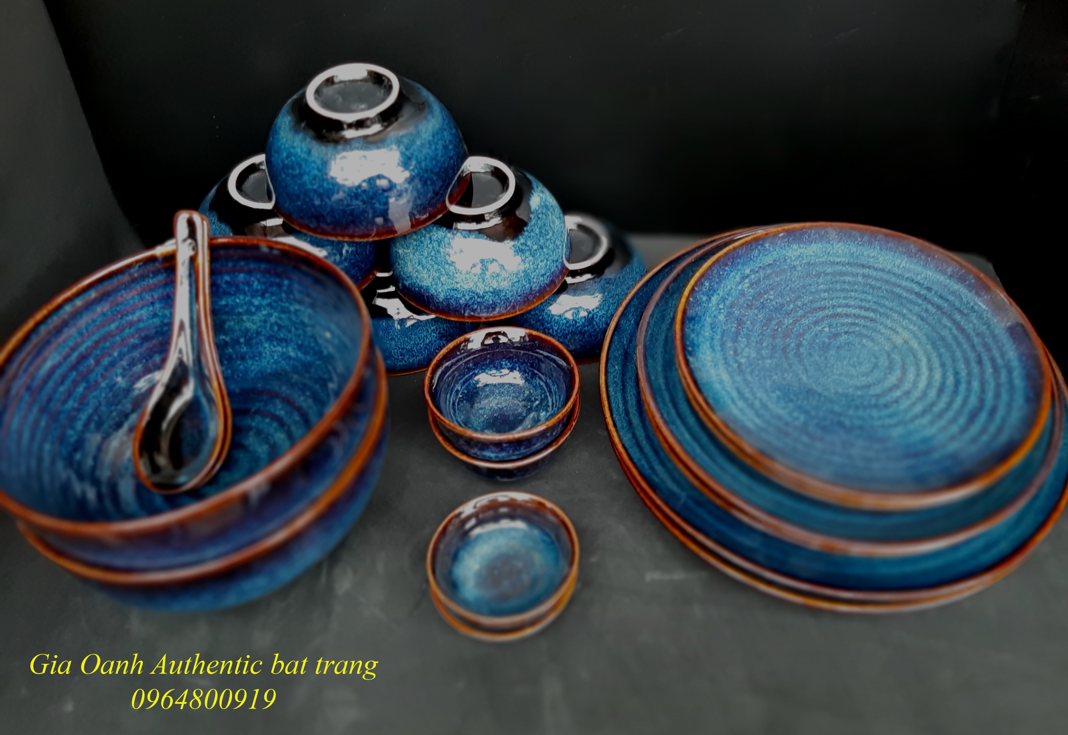 Blue Dinner set / Bộ đồ ăn men xanh hỏa biến đẳng cấp sản xuất tại xường gốm Gia Oanh Authentic Bat trang