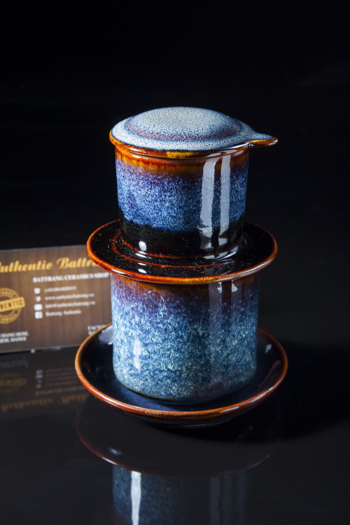 Blue Vietnamese coffee filter - bộ phin cà phê gốm sứ men xanh hỏa biến đẳng cấp sản xuất tại xương gia oanh authentic bat trang