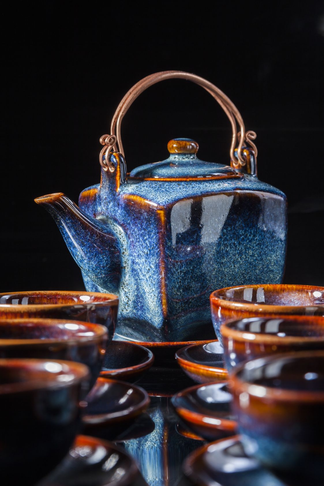 Square blue glaze tea set - Bộ ấm vuông men xanh hỏa biến - đẹp và đẳng cấp, Sản xuất tại xưởng gốm sứ gia Oanh Authentic bat trang