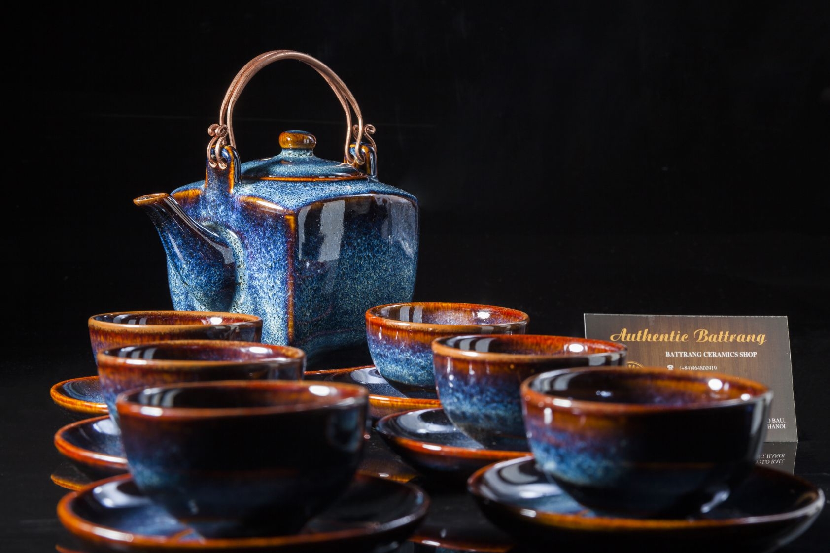 Square blue glaze tea set - Bộ ấm vuông men xanh hỏa biến - đẹp và đẳng cấp, Sản xuất tại xưởng gốm sứ gia Oanh Authentic bat trang