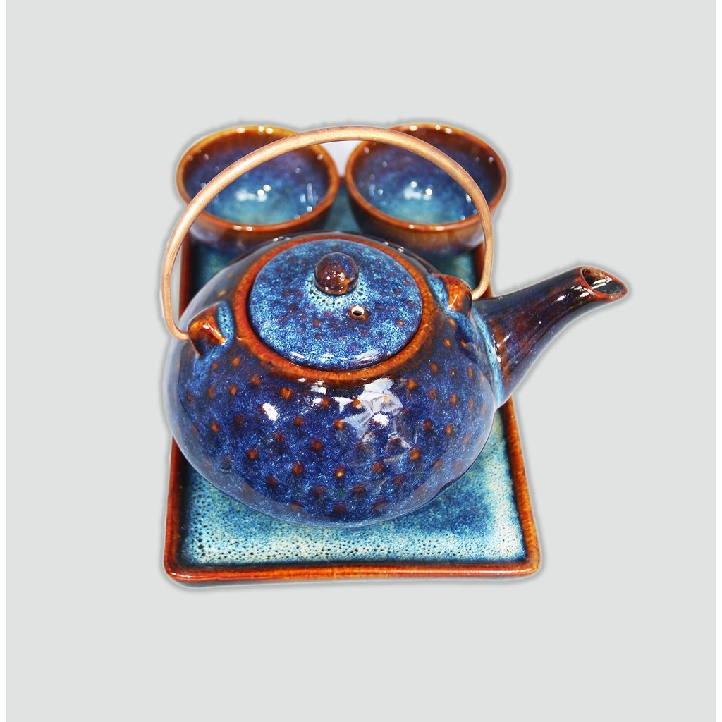 Blue tea pot set/ Bộ ấm hạt men xanh hỏa biến đẳng cấp - sản xuất tại xưởng gốm sứ Gia Oanh Authentic bat trang