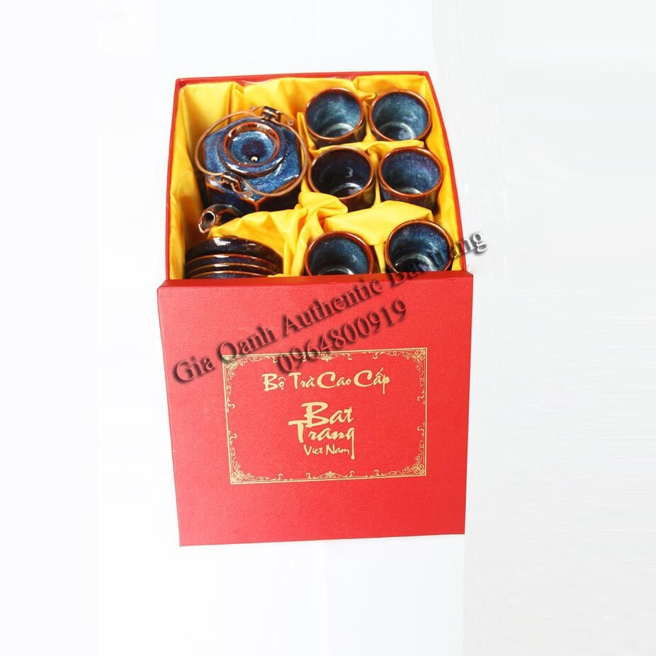 tea set gift 05 - High-class blue enamel hexagonal tea set - unique gift products for Tet, New Year and housewarming