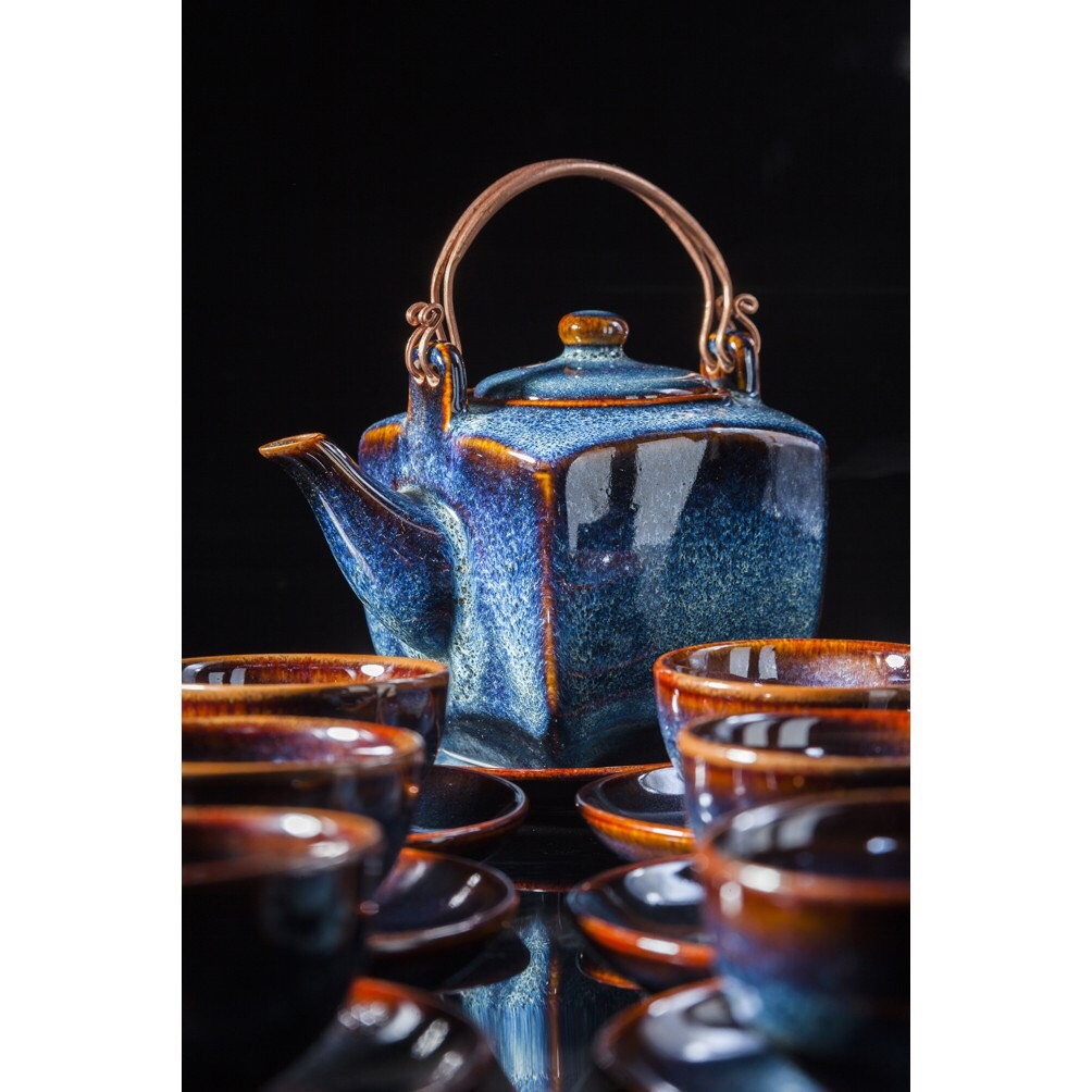 Blue Enamel Teapot - BEAUTIFUL AND QUALITY, MANUFACTURED IN GIA OANH AUTHENTIC BAT TRANG CERAMIC FACTORY