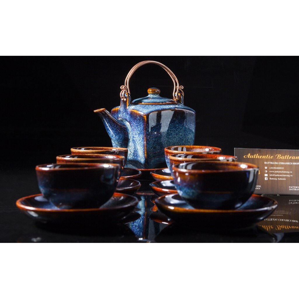 Blue Enamel Teapot - BEAUTIFUL AND QUALITY, MANUFACTURED IN GIA OANH AUTHENTIC BAT TRANG CERAMIC FACTORY