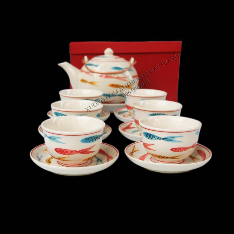 Tea set gift 02 - Bộ ấm trà vẽ cá sản phẩm quà tăng gốm sứ đặc biệt cho gia đình, cho tân gia và năm mới tuyệt đẹp