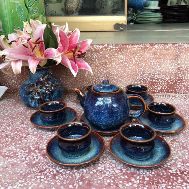 Modern high-end blue enamel teapot set #1 Made at Gia Oanh Authentic bat Trang Ceramic Factory