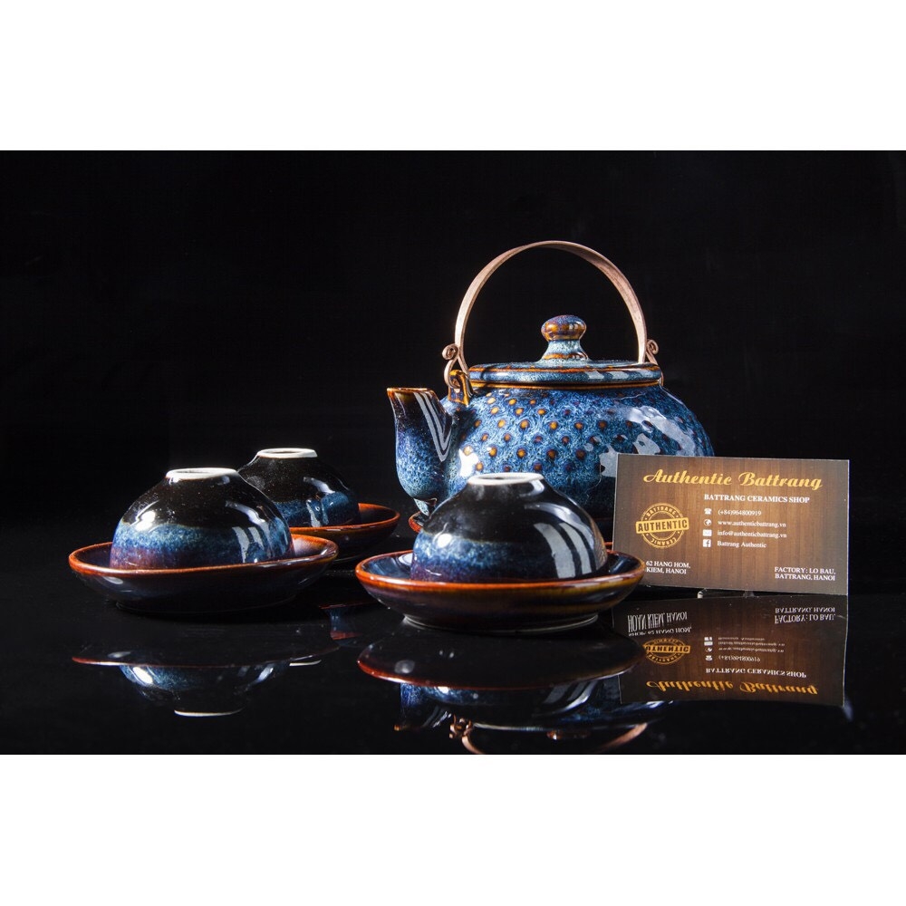 Beautiful teapot set with glazed glaze, classy blue, made at Gia Oanh Authentic Bat Trang ceramic factory