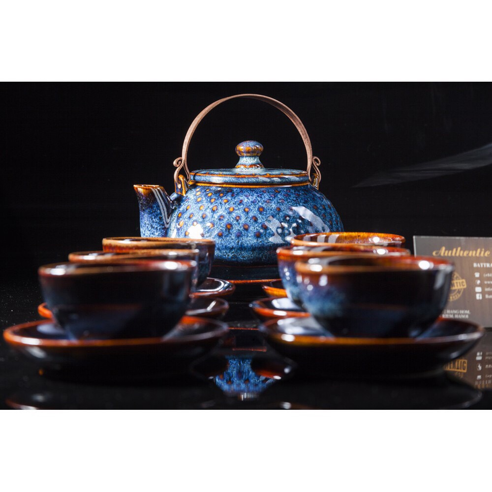 Bộ ấm trà đẹp men hỏa biến, màu xanh đẳng cấp, sản xuất tại xưởng gốm sứ Gia Oanh Authentic bat trang