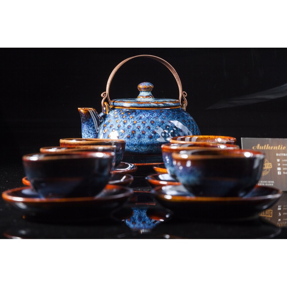 Beautiful teapot set with glazed glaze, classy blue, made at Gia Oanh Authentic Bat Trang ceramic factory