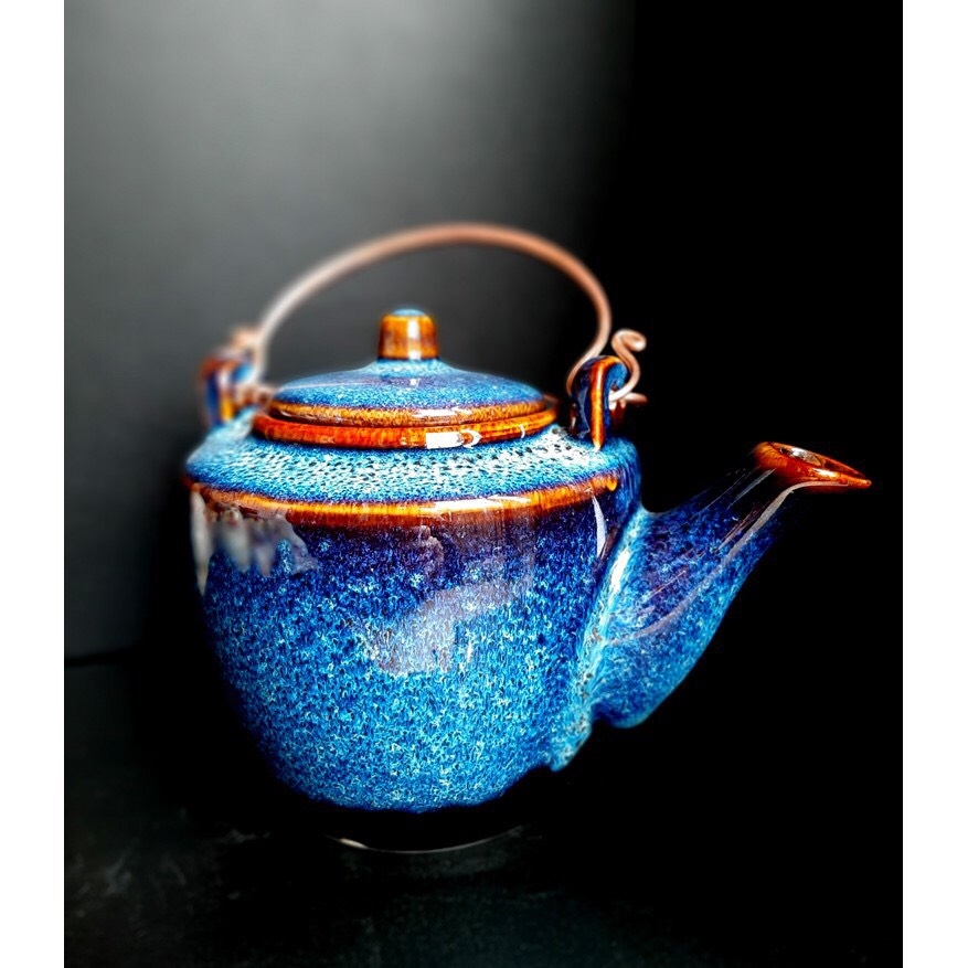 NEW shape Blue Enamel teapot - MANUFACTURER IN GIA OANH AUTHENTIC BAT TRANG Ceramics Factory