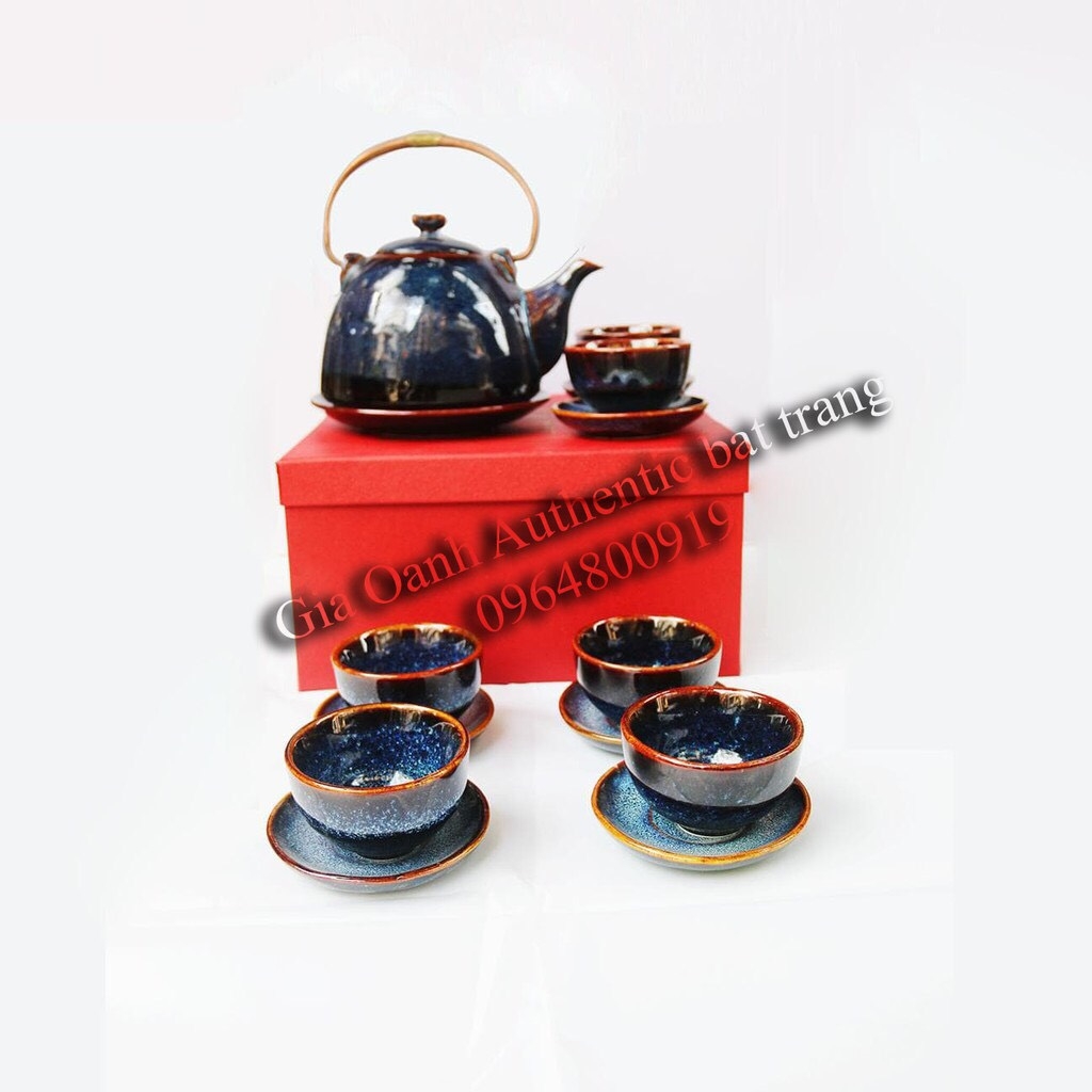 Blue Enamel Teapot GIFT set IN GIA OANH AUTHENTIC BAT TRANG CERAMIC FACTORY
