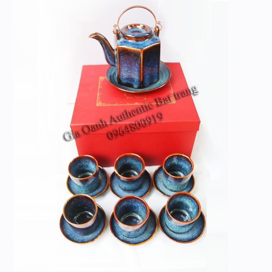 TEA SET GIFT 05 - HIGH-CLASS BLUE ENAMEL HEXAGONAL TEA SET - UNIQUE GIFT PRODUCTS FOR TET, NEW YEAR AND HOUSEWARMING