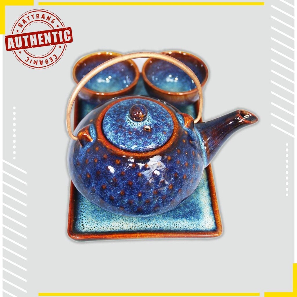 High-quality blue enamel beaded teapot set - Authentic Bat Trang