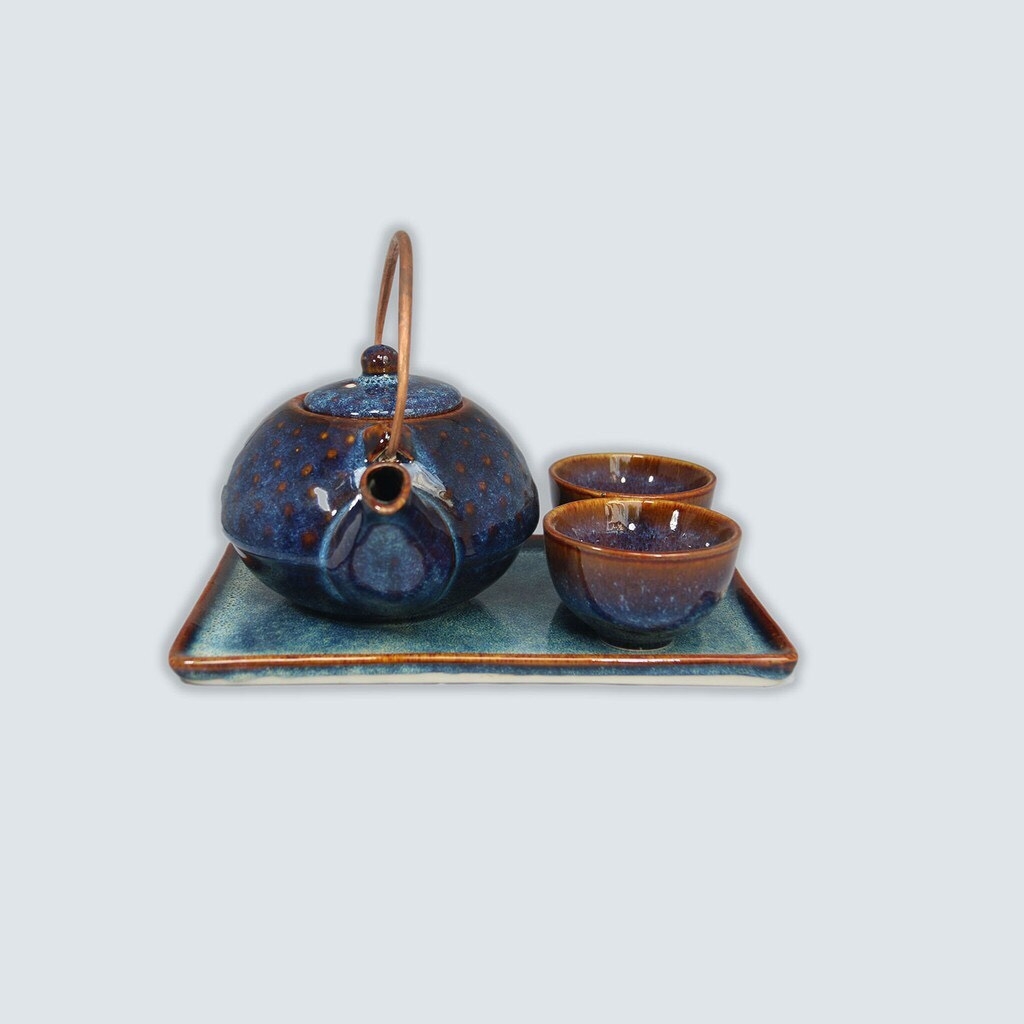 High-quality blue enamel beaded teapot set - Authentic Bat Trang