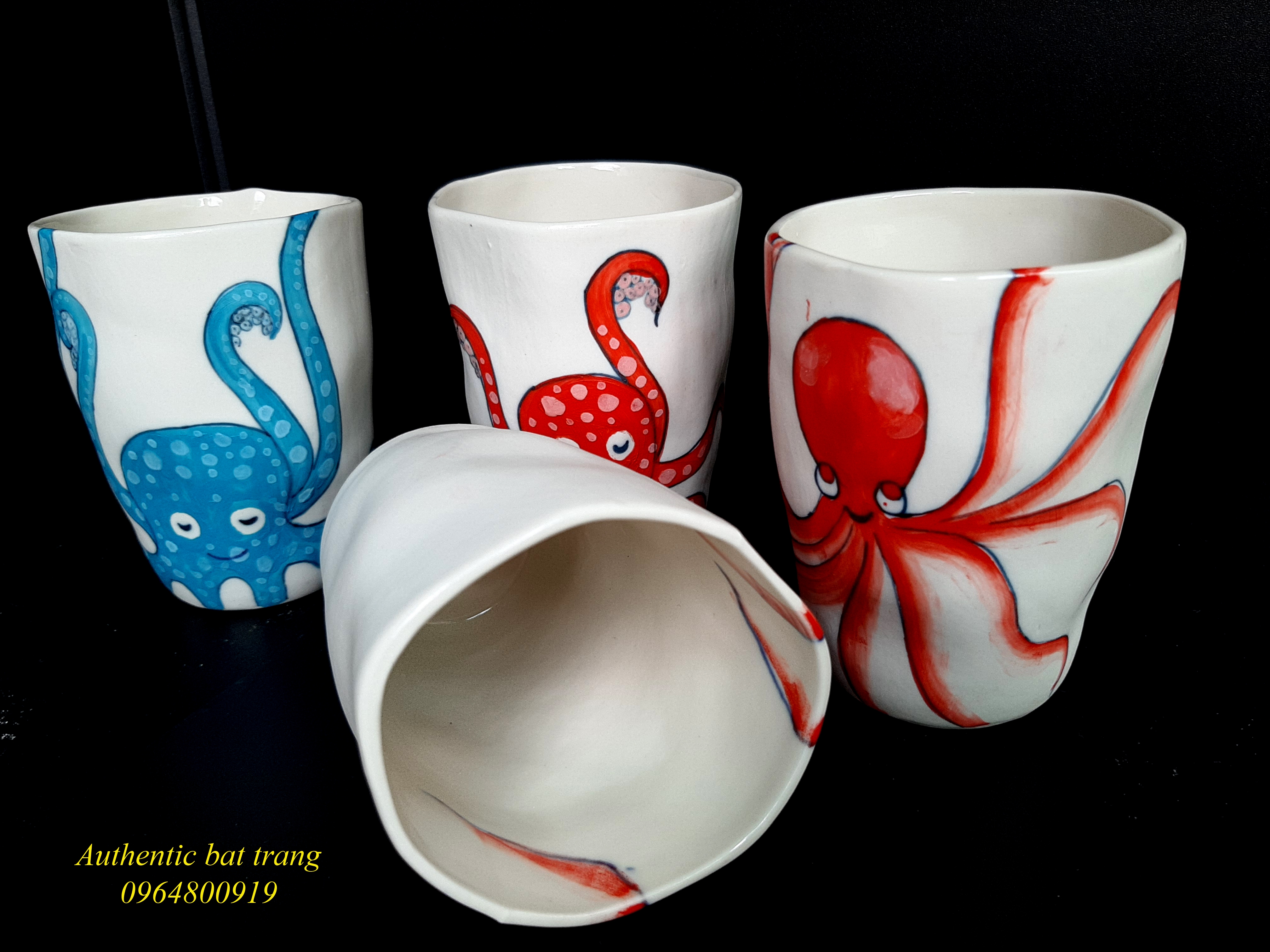 Octopus Tea cups/ Cốc trà bạch tuộc sản phẩm cốc méo vẽ tay thủ công sản xuất tại xưởng gốm sứ Authentic bat trang