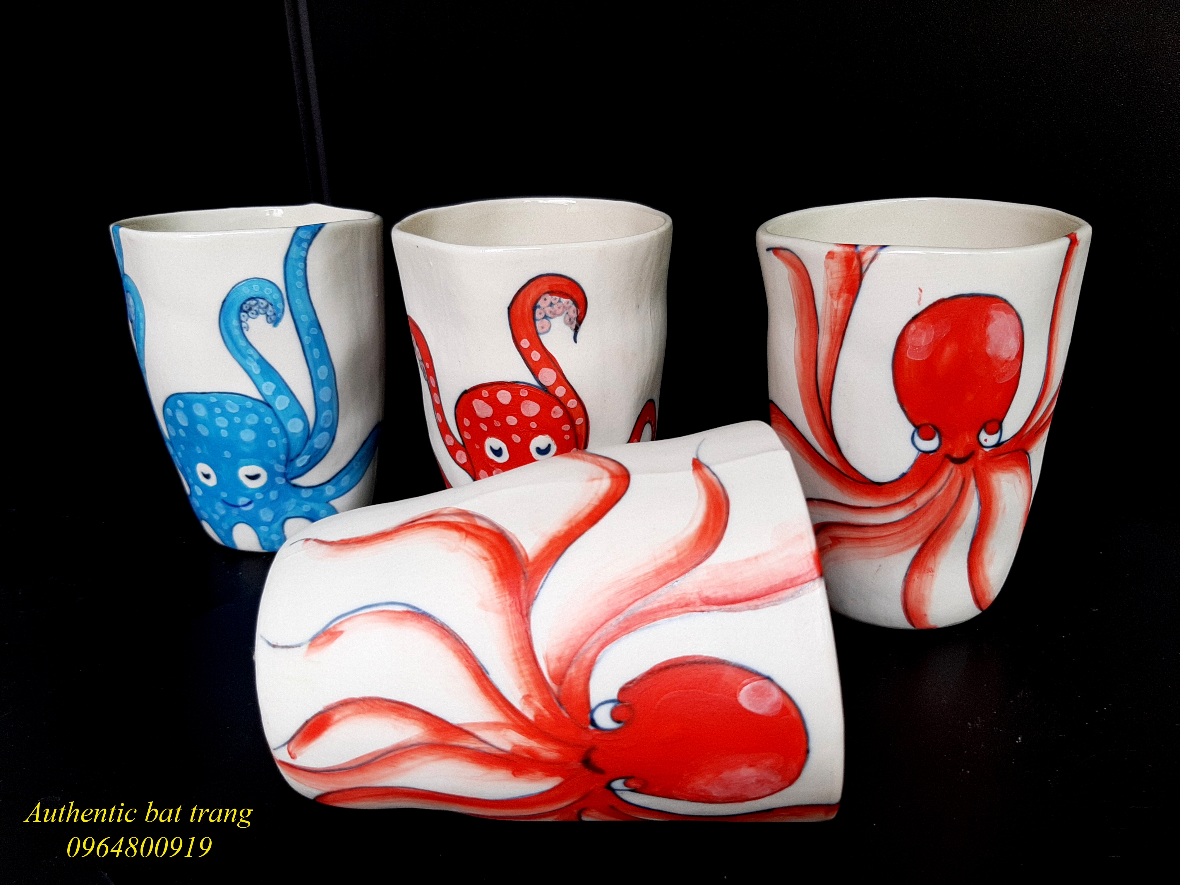 Octopus Tea cups/ Cốc trà bạch tuộc sản phẩm cốc méo vẽ tay thủ công sản xuất tại xưởng gốm sứ Authentic bat trang