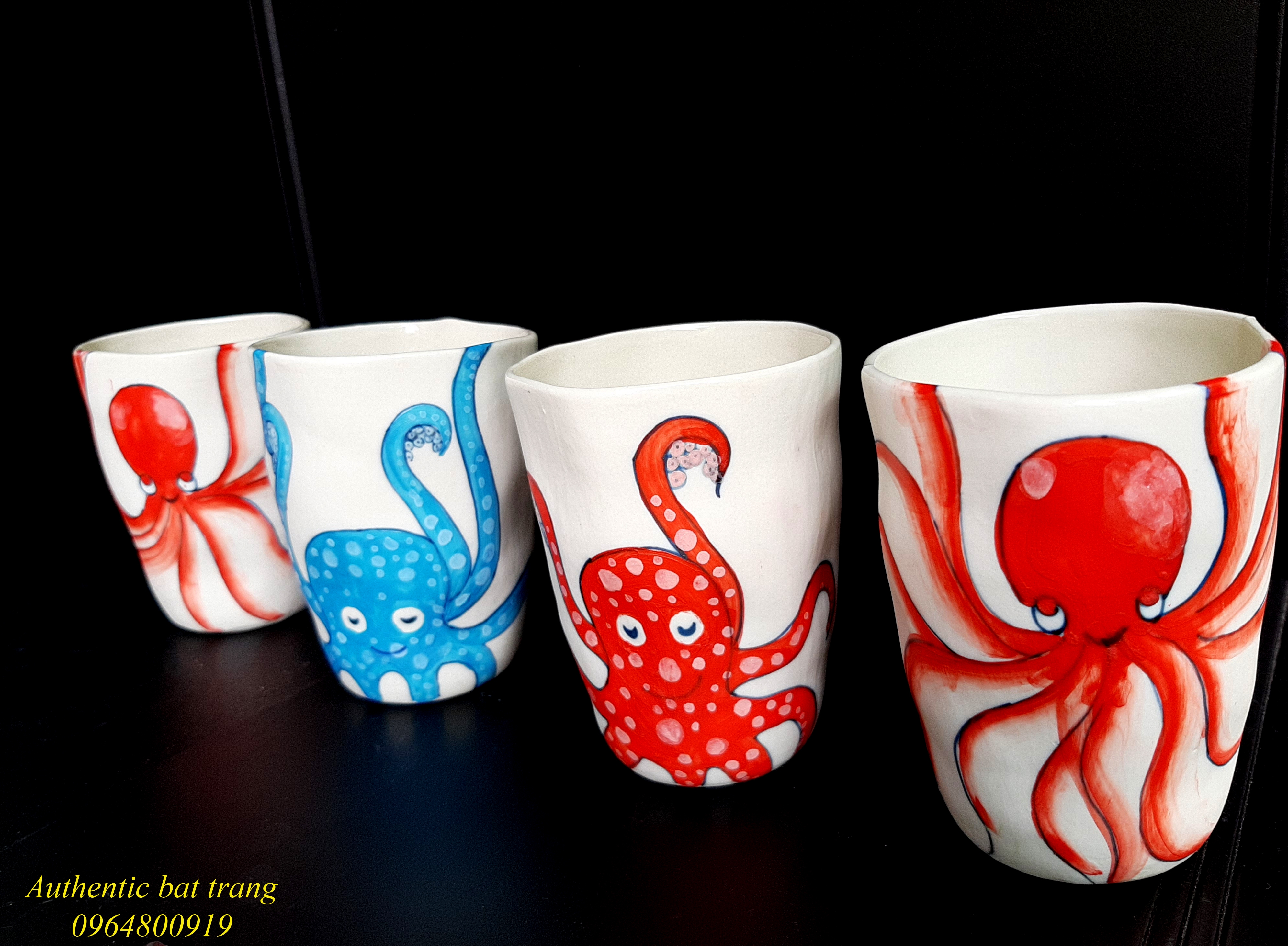 Octopus Tea cups/ Cốc trà bạch tuộc sản phẩm cốc méo vẽ tay thủ công sản xuất tại xưởng gốm sứ Authentic bat trang