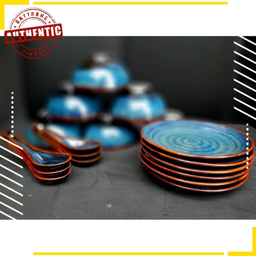 Basic blue enamel tableware made in authentic Gia Oanh ceramics factory bat Trang