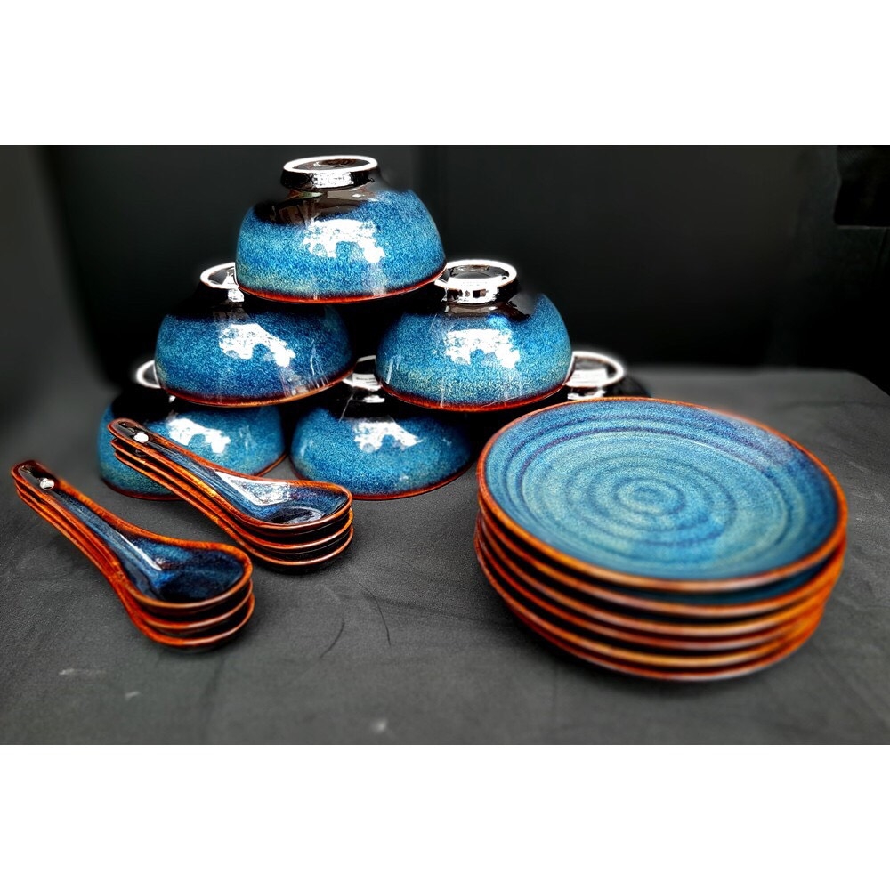 Basic blue enamel tableware made in authentic Gia Oanh ceramics factory bat Trang