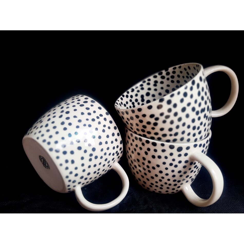 BLACK DOTS CUPS/  UNIQUE TEA COFFEE DRINKING Cups, EUROPEAN STYLE, MANUFACTURED IN AUTHENTIC Bat Trang