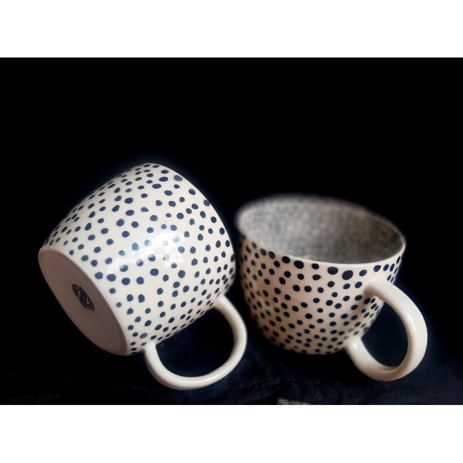 BLACK DOTS CUPS/  UNIQUE TEA COFFEE DRINKING Cups, EUROPEAN STYLE, MANUFACTURED IN AUTHENTIC Bat Trang