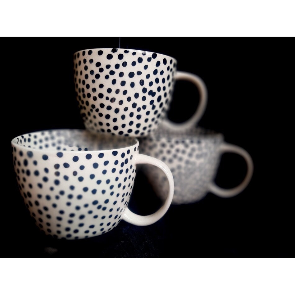 BLACK DOTS CUPS/  UNIQUE TEA COFFEE DRINKING Cups, EUROPEAN STYLE, MANUFACTURED IN AUTHENTIC Bat Trang