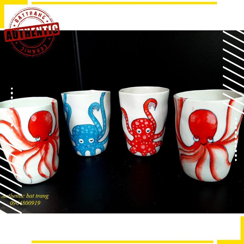 OCTOPUS TEA CUPS/ High-grade octopus-drawn tea cup with high-quality octopus-Authentic Bat Trang ceramics