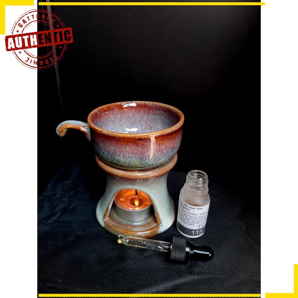Coffee burner set and essential oil burner pink snow enamel - Authentic Bat Trang ceramics workshop