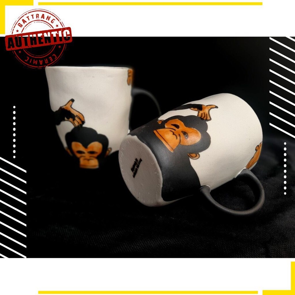 Cup with distorted drawing of expressive monkey- Gia Oanh Authentic Bat Trang