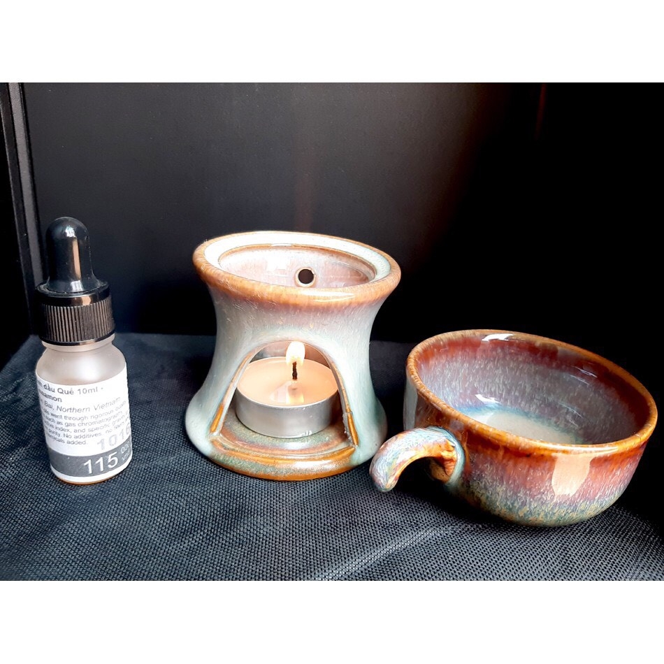 Coffee burner set and essential oil burner pink snow enamel - Authentic Bat Trang ceramics workshop