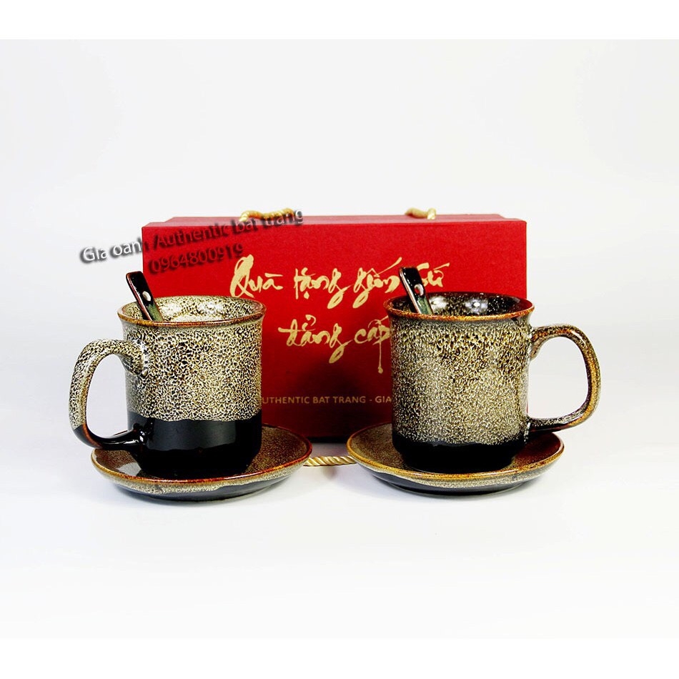 Gift set of high-class porcelain mugs with gold brocade - high-class fire glaze made in authentic bat Trang ceramics factory