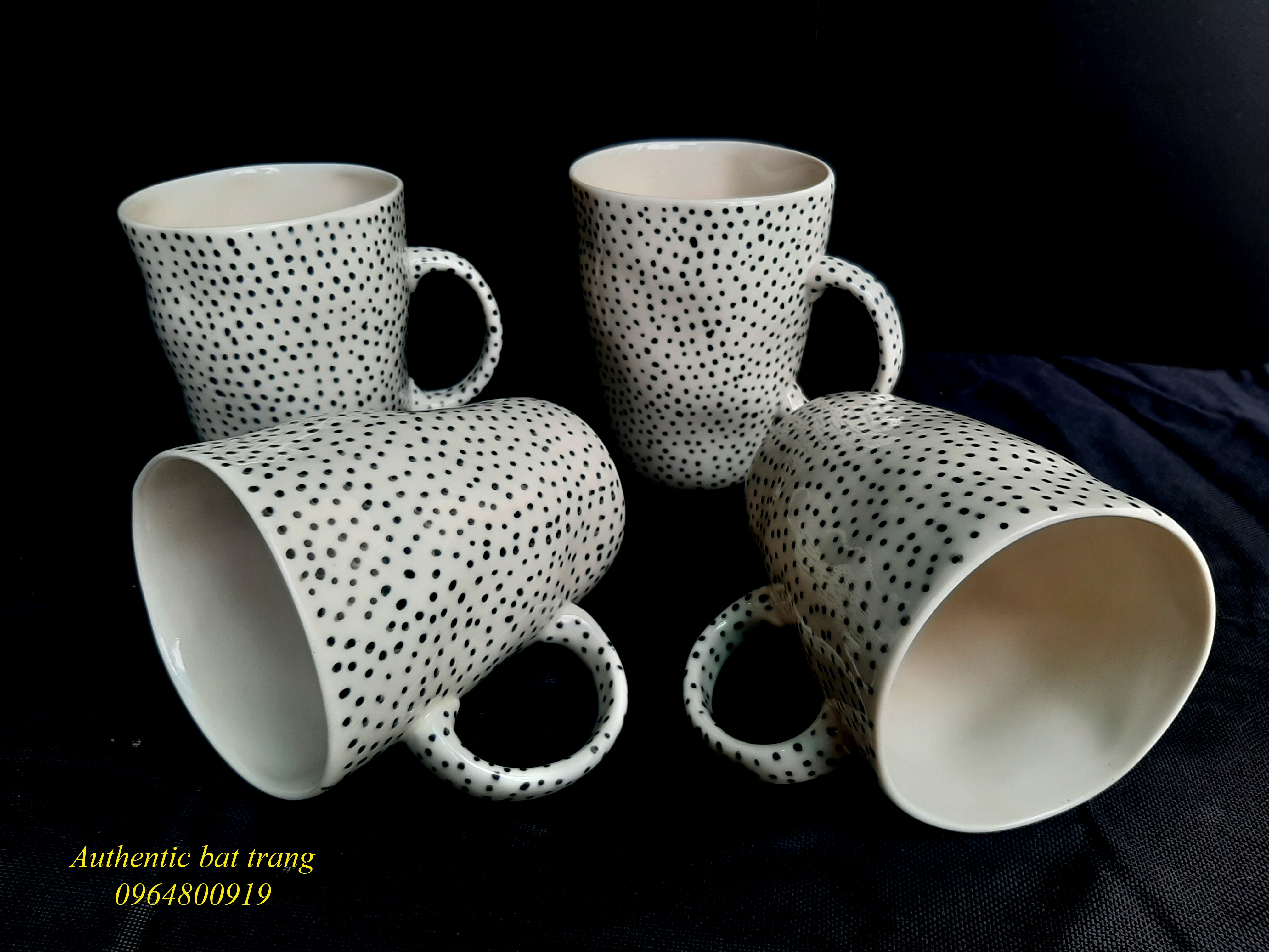 Black dots cups/ Cốc méo xuất âu họa tiết chấm bị vẽ thủ công sản xuất tại xương gốm sứ Authentic bat trang