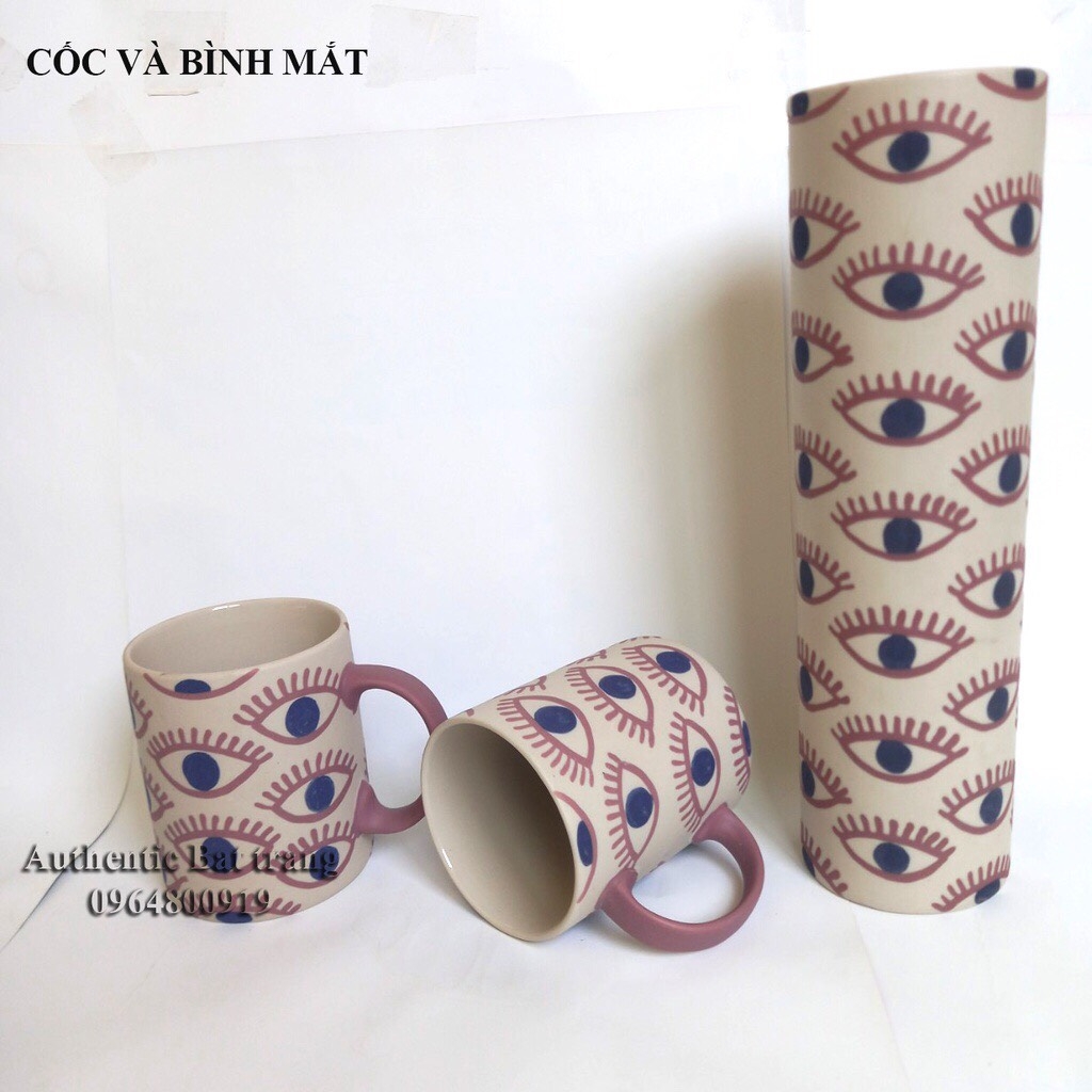 Tea cups and flower vase with eye-drawn motifs SUPER BEAUTIFUL AND Adorable - European standard style- Authentic Bat Trang