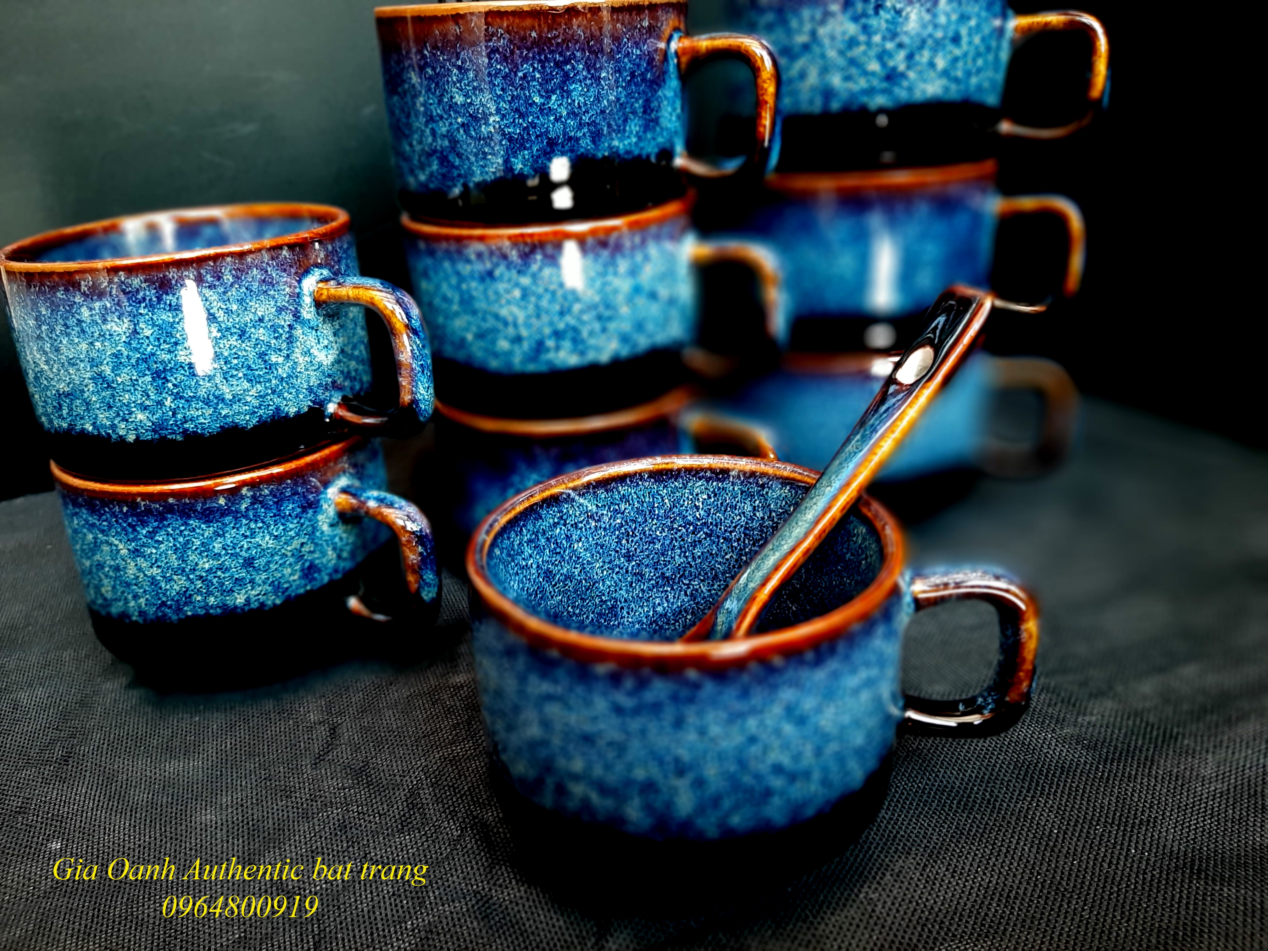 BLUE COFFEE CUPS S3/ CỐC CÀ PHÊ XANH MEN HỎA BIẾN ĐẲNG CẤP, SẢN XUẤT TẠI XƯỞNG GỐM SỨ GIA OANH AUTHENTIC BAT TRANG