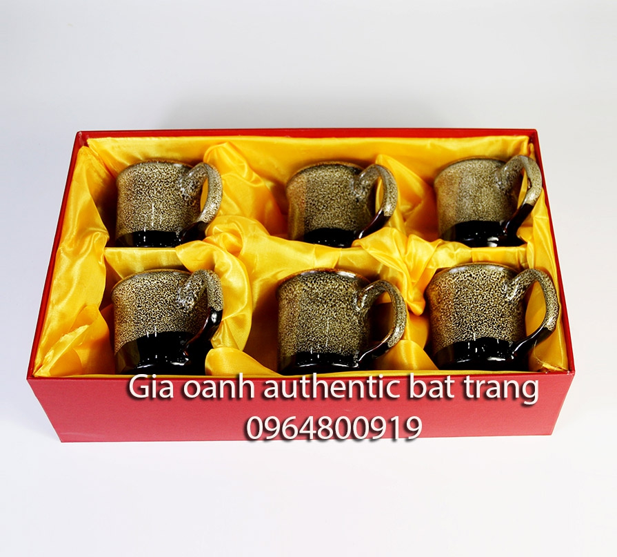 Bộ quà tặng cao cấp - bộ 6 cốc sứ gấm vàng men hỏa biến - sản xuất tại xưởng gốm sứ gia oanh authentic bat trang