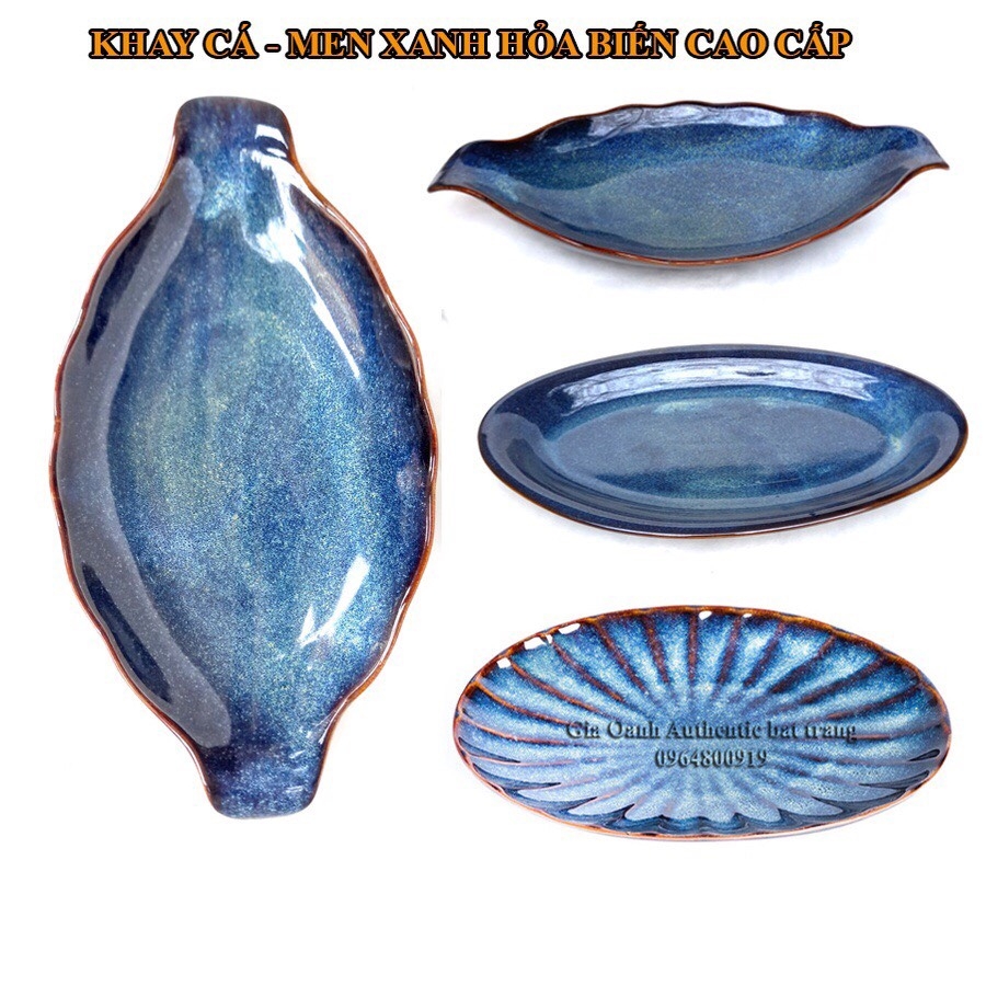 Plate for fish, plate hot pot food - high-quality green enamel - Authentic Bat Trang Ceramics