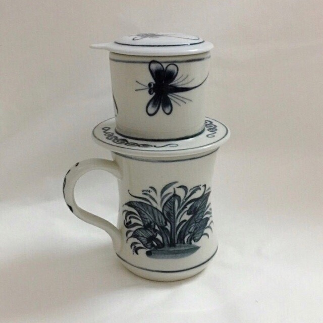 High-class Bat Trang ceramic coffee filter maker Hand-painted with dragonfly pattern