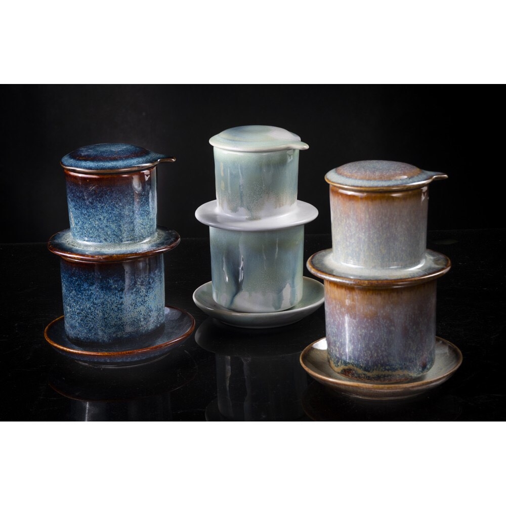 High-class ceramic - blue enamel coffee filter set, made at Gia Oanh Authentic factory bat Trang