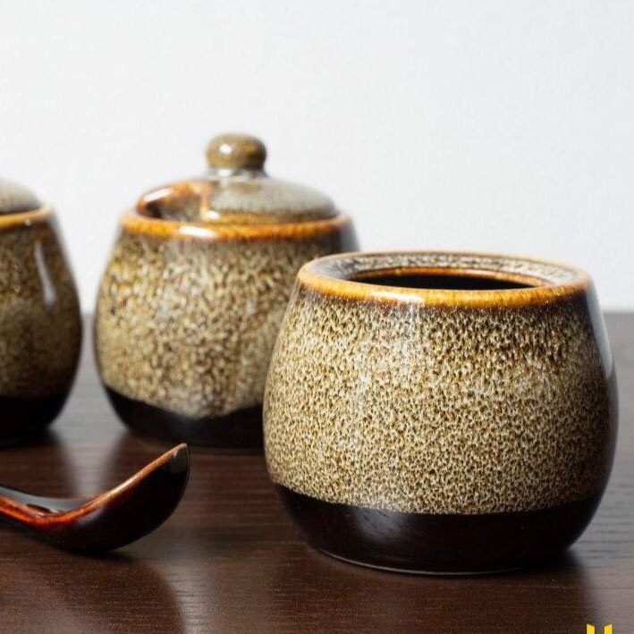 Hủ đường có thìa men Gấm vàng - sản xuất tại xưởng gốm sứ Gia Oanh authentic bat trang