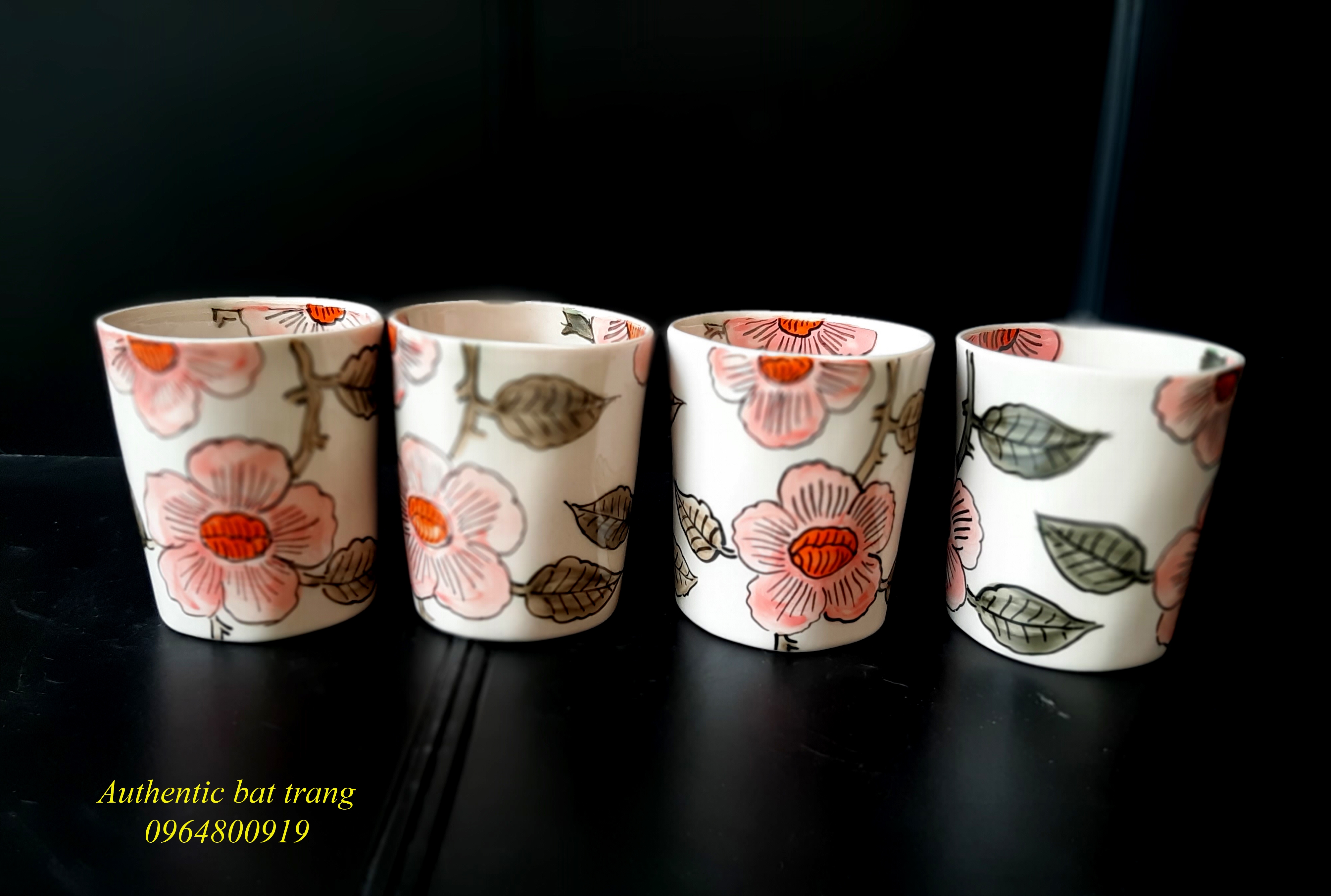 PEACH CUPS/ CỐC MÉO TRỤ HOA ĐÀO,  XUẤT ÂU SẢN PHẨM VẼ TAY THỦ CÔNG SẢN XUẤT TẠI XƯỞNG GỐM SỨ AUTHENTIC BAT TRANG