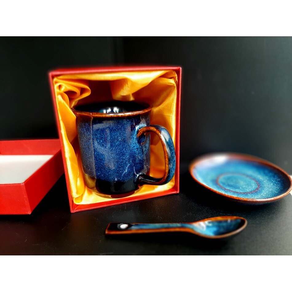GIFT SET Blue Enamel mugs PRODUCED IN GIA OANH AUTHENTIC BAT TRANG CERAMIC FACTORY